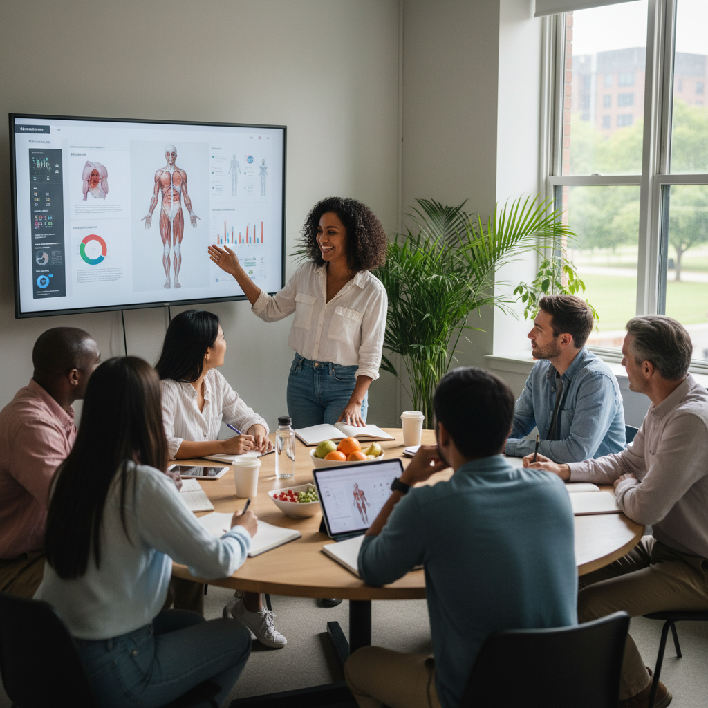 Diverse group of people in a relaxed learning environment, representing health education