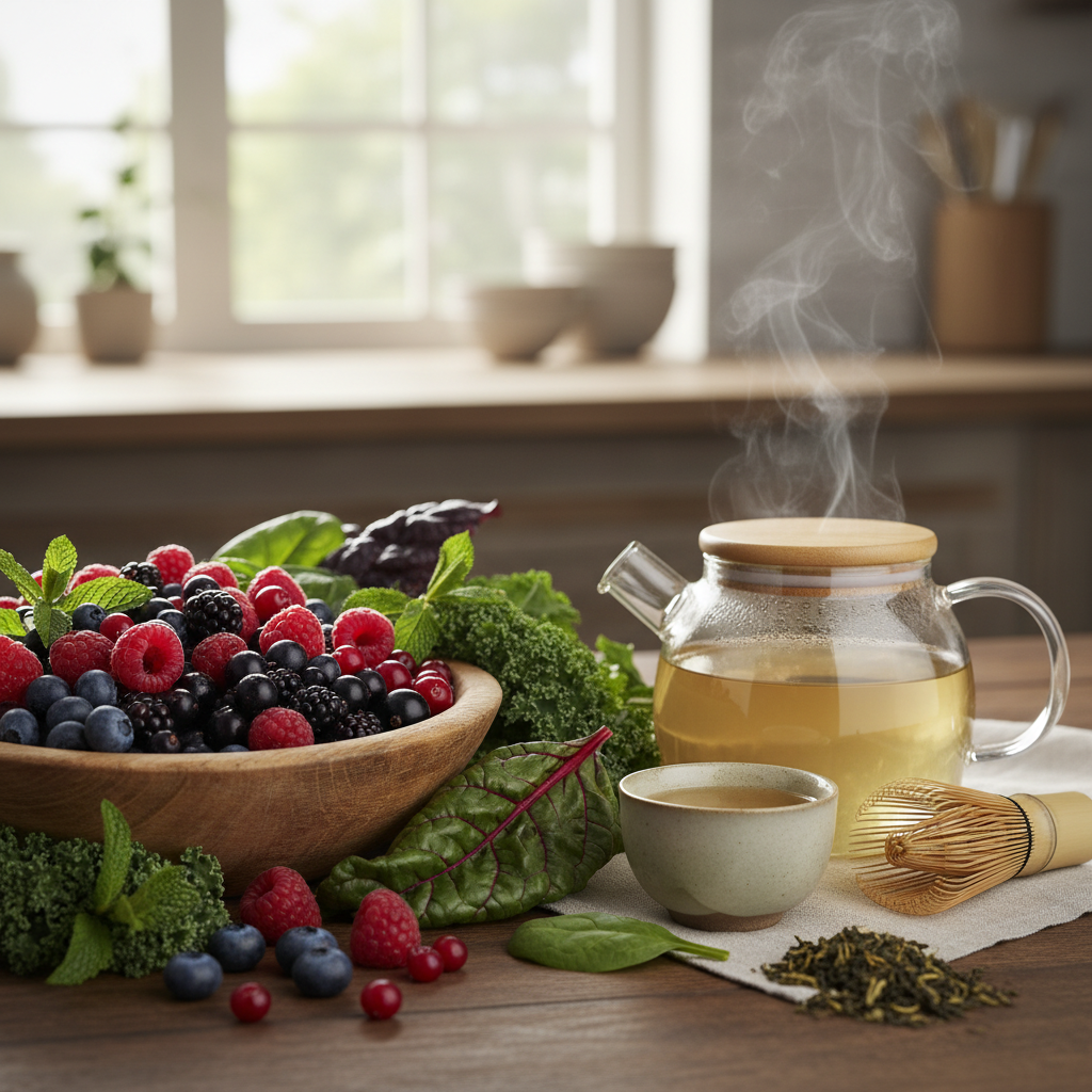 Colourful berries, dark leafy greens and green tea — antioxidant-rich foods