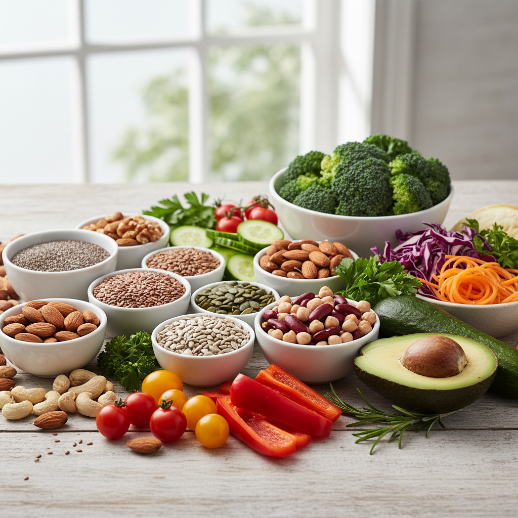 An assortment of healthy food ingredients including nuts, seeds, legumes and colourful vegetables